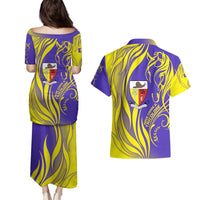 Campione d’Italia Couples Matching Puletasi and Hawaiian Shirt with Yellow Horse Graphic and Purple Flame Crest - Wonder Print Shop