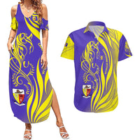 Campione d’Italia Couples Matching Summer Maxi Dress and Hawaiian Shirt with Yellow Horse Graphic and Purple Flame Crest - Wonder Print Shop