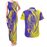 Campione d’Italia Couples Matching Tank Maxi Dress and Hawaiian Shirt with Yellow Horse Graphic and Purple Flame Crest - Wonder Print Shop