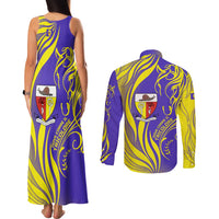 Campione d’Italia Couples Matching Tank Maxi Dress and Long Sleeve Button Shirt with Yellow Horse Graphic and Purple Flame Crest - Wonder Print Shop