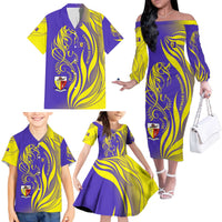 Campione d’Italia Family Matching Off The Shoulder Long Sleeve Dress and Hawaiian Shirt with Yellow Horse Graphic and Purple Flame Crest - Wonder Print Shop