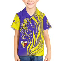 Campione d’Italia Family Matching Off The Shoulder Long Sleeve Dress and Hawaiian Shirt with Yellow Horse Graphic and Purple Flame Crest - Wonder Print Shop