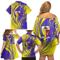 Campione d’Italia Family Matching Off Shoulder Short Dress and Hawaiian Shirt with Yellow Horse Graphic and Purple Flame Crest - Wonder Print Shop
