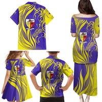 Campione d’Italia Family Matching Puletasi and Hawaiian Shirt with Yellow Horse Graphic and Purple Flame Crest - Wonder Print Shop
