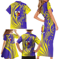 Campione d’Italia Family Matching Short Sleeve Bodycon Dress and Hawaiian Shirt with Yellow Horse Graphic and Purple Flame Crest - Wonder Print Shop