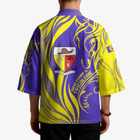 Campione d’Italia Kimono with Yellow Horse Graphic and Purple Flame Crest - Wonder Print Shop