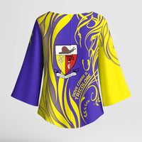 Campione d’Italia Kimono Sleeve Blouse with Yellow Horse Graphic and Purple Flame Crest - Wonder Print Shop