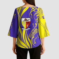 Campione d’Italia Kimono Sleeve Blouse with Yellow Horse Graphic and Purple Flame Crest - Wonder Print Shop
