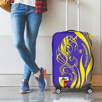 Campione d’Italia Luggage Cover with Yellow Horse Graphic and Purple Flame Crest - Wonder Print Shop