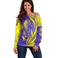 Campione d’Italia Off Shoulder Sweater with Yellow Horse Graphic and Purple Flame Crest - Wonder Print Shop