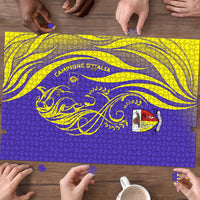 Campione d’Italia Puzzle with Yellow Horse Graphic and Purple Flame Crest - Wonder Print Shop