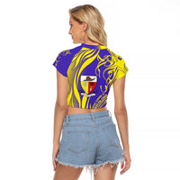 Campione d’Italia Raglan Cropped T Shirt with Yellow Horse Graphic and Purple Flame Crest - Wonder Print Shop