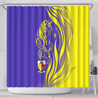 Campione d’Italia Shower Curtain with Yellow Horse Graphic and Purple Flame Crest - Wonder Print Shop