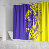 Campione d’Italia Shower Curtain with Yellow Horse Graphic and Purple Flame Crest - Wonder Print Shop