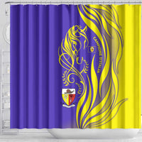 Campione d’Italia Shower Curtain with Yellow Horse Graphic and Purple Flame Crest - Wonder Print Shop