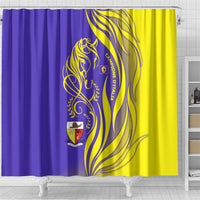 Campione d’Italia Shower Curtain with Yellow Horse Graphic and Purple Flame Crest - Wonder Print Shop