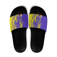 Campione d’Italia Slide Sandals with Yellow Horse Graphic and Purple Flame Crest - Wonder Print Shop