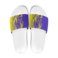 Campione d’Italia Slide Sandals with Yellow Horse Graphic and Purple Flame Crest - Wonder Print Shop