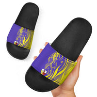 Campione d’Italia Slide Sandals with Yellow Horse Graphic and Purple Flame Crest - Wonder Print Shop