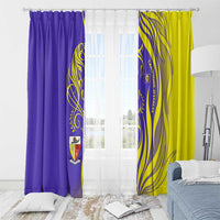 Campione d’Italia Window Curtain with Yellow Horse Graphic and Purple Flame Crest - Wonder Print Shop