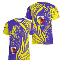 Campione d’Italia Women V-Neck T-Shirt with Yellow Horse Graphic and Purple Flame Crest - Wonder Print Shop