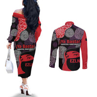 Zapatista Territories Couples Matching Off The Shoulder Long Sleeve Dress and Long Sleeve Button Shirt Mexico with EZLN Masked Face and Floral - Wonder Print Shop