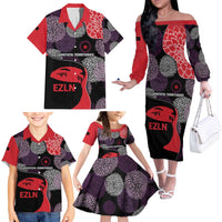 Zapatista Territories Family Matching Off The Shoulder Long Sleeve Dress and Hawaiian Shirt Mexico with EZLN Masked Face and Floral - Wonder Print Shop