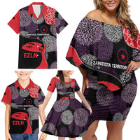 Zapatista Territories Family Matching Off Shoulder Short Dress and Hawaiian Shirt Mexico with EZLN Masked Face and Floral - Wonder Print Shop