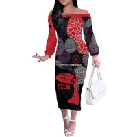 Zapatista Territories Off The Shoulder Long Sleeve Dress Mexico with EZLN Masked Face and Floral - Wonder Print Shop