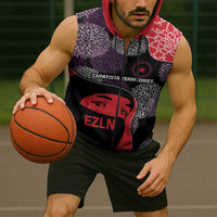 Zapatista Territories Sleeveless Zip Hoodie Mexico with EZLN Masked Face and Floral - Wonder Print Shop