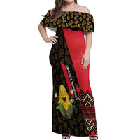 Zapatista Territories Off Shoulder Maxi Dress Mexico with Corn Graphic and Indigenous Pattern Semillas de Libertad - Wonder Print Shop
