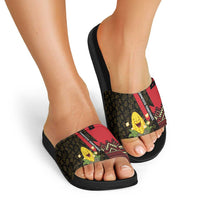 Zapatista Territories Slide Sandals Mexico with Corn Graphic and Indigenous Pattern Semillas de Libertad - Wonder Print Shop