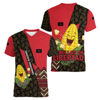 Zapatista Territories Women V-Neck T-Shirt Mexico with Corn Graphic and Indigenous Pattern Semillas de Libertad - Wonder Print Shop