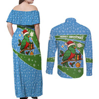 Guatemala Christmas Couples Matching Off Shoulder Maxi Dress and Long Sleeve Button Shirt with Blue Green Christmas Quetzal Bird Gift and Coat of Arms - Wonder Print Shop