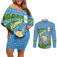 Guatemala Christmas Couples Matching Off Shoulder Short Dress and Long Sleeve Button Shirt with Blue Green Christmas Quetzal Bird Gift and Coat of Arms - Wonder Print Shop