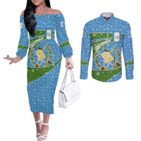 Guatemala Christmas Couples Matching Off The Shoulder Long Sleeve Dress and Long Sleeve Button Shirt with Blue Green Christmas Quetzal Bird Gift and Coat of Arms - Wonder Print Shop