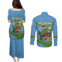 Guatemala Christmas Couples Matching Puletasi and Long Sleeve Button Shirt with Blue Green Christmas Quetzal Bird Gift and Coat of Arms - Wonder Print Shop