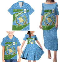 Guatemala Christmas Family Matching Puletasi and Hawaiian Shirt with Blue Green Christmas Quetzal Bird Gift and Coat of Arms - Wonder Print Shop