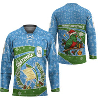 Guatemala Christmas Hockey Jersey with Blue Green Christmas Quetzal Bird Gift and Coat of Arms - Wonder Print Shop