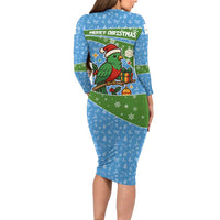 Guatemala Christmas Long Sleeve Bodycon Dress with Blue Green Christmas Quetzal Bird Gift and Coat of Arms - Wonder Print Shop