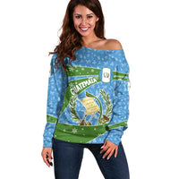 Guatemala Christmas Off Shoulder Sweater with Blue Green Christmas Quetzal Bird Gift and Coat of Arms - Wonder Print Shop