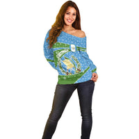 Guatemala Christmas Off Shoulder Sweater with Blue Green Christmas Quetzal Bird Gift and Coat of Arms - Wonder Print Shop