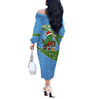 Guatemala Christmas Off The Shoulder Long Sleeve Dress with Blue Green Christmas Quetzal Bird Gift and Coat of Arms - Wonder Print Shop