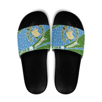 Guatemala Christmas Slide Sandals with Blue Green Christmas Quetzal Bird Gift and Coat of Arms - Wonder Print Shop