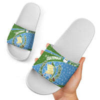 Guatemala Christmas Slide Sandals with Blue Green Christmas Quetzal Bird Gift and Coat of Arms - Wonder Print Shop