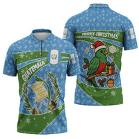 Guatemala Christmas Zipper Polo Shirt with Blue Green Christmas Quetzal Bird Gift and Coat of Arms - Wonder Print Shop