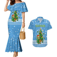 Guatemala Christmas Couples Matching Mermaid Dress and Hawaiian Shirt with Blue Christmas Monkey Tree Snowman and Snowflake - Wonder Print Shop