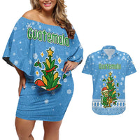 Guatemala Christmas Couples Matching Off Shoulder Short Dress and Hawaiian Shirt with Blue Christmas Monkey Tree Snowman and Snowflake - Wonder Print Shop