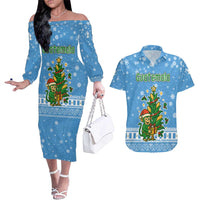 Guatemala Christmas Couples Matching Off The Shoulder Long Sleeve Dress and Hawaiian Shirt with Blue Christmas Monkey Tree Snowman and Snowflake - Wonder Print Shop