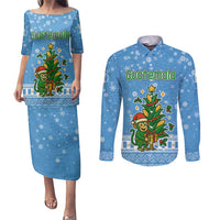 Guatemala Christmas Couples Matching Puletasi and Long Sleeve Button Shirt with Blue Christmas Monkey Tree Snowman and Snowflake - Wonder Print Shop